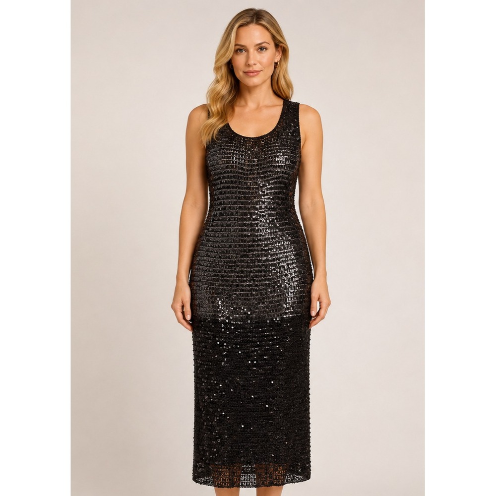 Wallis Dress Sheer Black Sequin Crochet Knit Sleeveless Maxi Evening Size Large